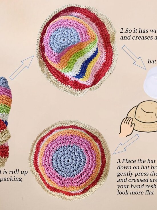 Women Foldable Summer Wide Brim Packable Hat Travel Straw Fedora Hat Rainbow-1 main image 5
